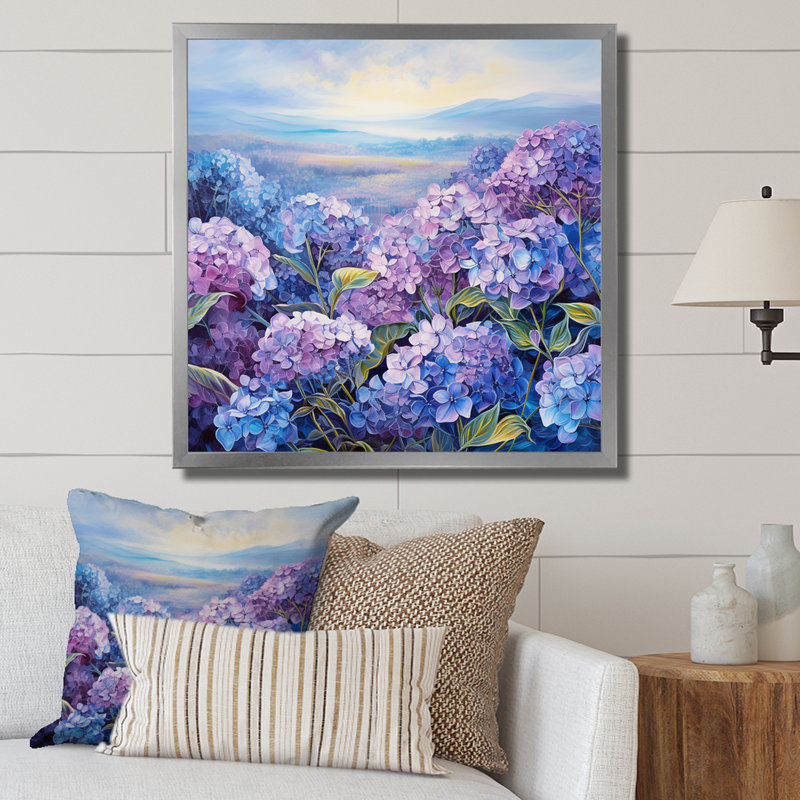 Fleurs d'hortensia mauve sur toile, Cadre simple argenté, H 36 po x l 36 po x P 1,5 po