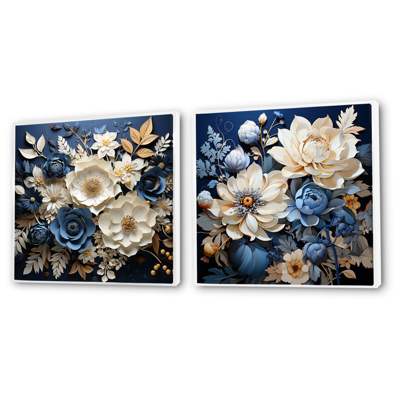 Ensemble de 2 collages de fleurs bleues et blanches saisonniers, Cadre flottant blanc, H 16 po x l 33 po