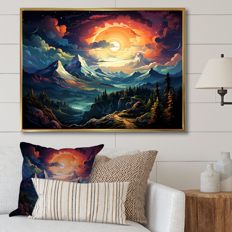 «Dreamy Mountain Scenery At Night II», art mural paysage d'hiver, Cadre flottant doré, H 34 po x l 44 po x P 1,5 po