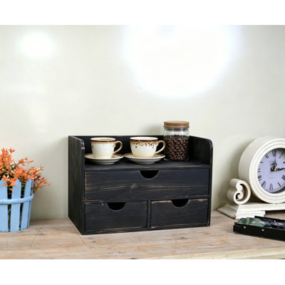Organisateur de bureau 3 tiroirs en bois rétro vintage avec tablette, porte-courrier et boîte à maquillage pour meuble-lavabo, aucune assemblage requis (noir rustique)