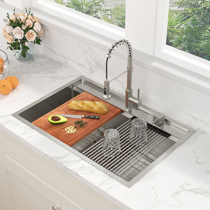 33" L x 22" W Drop-In Kitchen Sink Single Bowl SUS304 Stainless Steel Workstation Sink with Accessories, Brushed Nickel