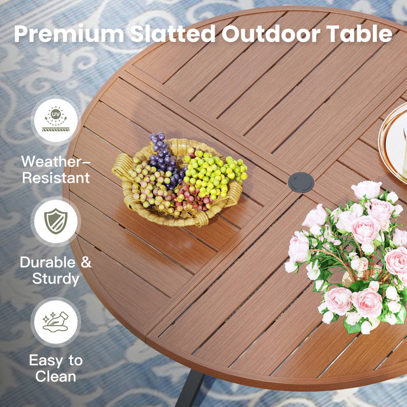 6-Person Round Patio Dining Set With PE Wicker Chairs, Brush Wood Brown