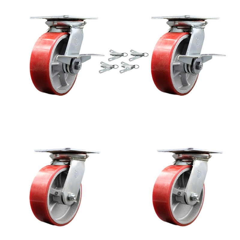 6 Inch Poly on Cast Iron Caster Set with Ball Bearing 4 Swivel Lock 2 Brake SCC