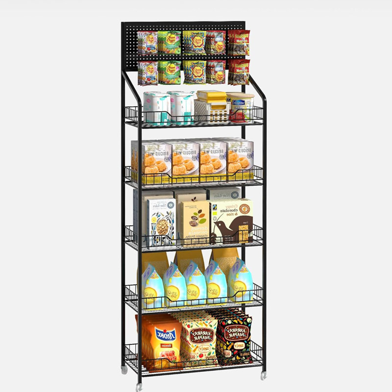 5 Tier Snack Candy Potato Chip Display Rack Stand with Wheels & Hooks