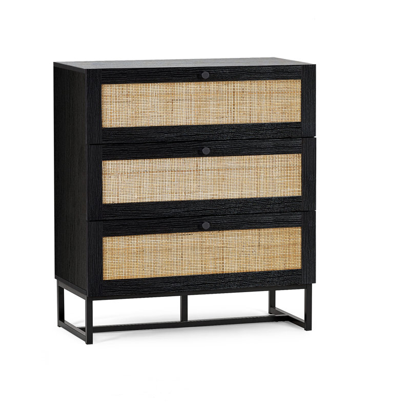 Reese 80cm W 3 - Drawer Chest of Drawers, Black/Rattan