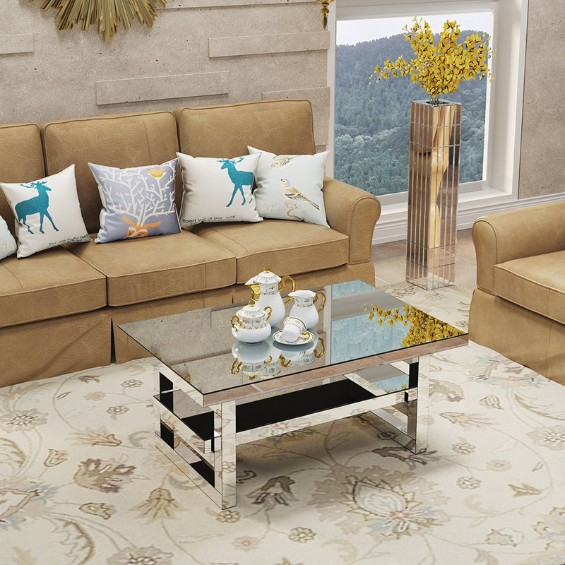 Table basse carrée moderne de luxe avec verre trempé et rangement, parfaite pour les petits appartements et les balcons.