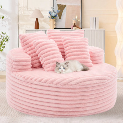 54" Oversized Round Chaise Lounge Chair, Modern Cloud Couch Style Accent Chair, Plush Corduroy Lounge Sofa with Deep Seat & Back Pillow, Cozy Single Sofa for Living Room, Bedroom, Lounge & Gaming Room