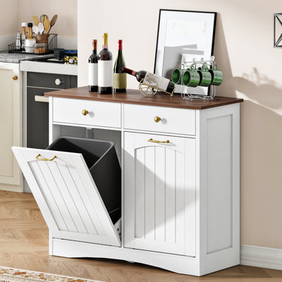Double Trash Can Cabinet With 2 Drawers, Tilt-out Garbage Bin Storage, Freestanding Kitchen Island Cabinet With Flip Doors
