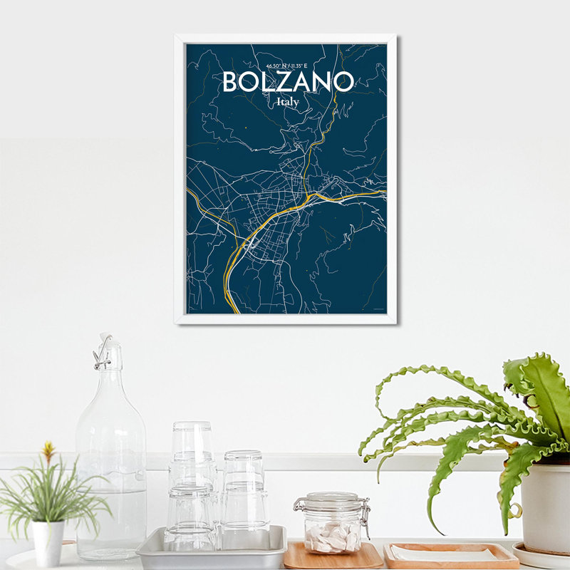 «Bolzano City Map», impression, Bleu / jaune, H 24 po x l 18 po x P 0,05 po