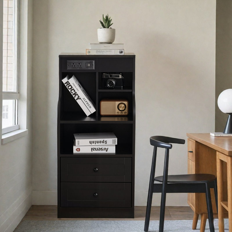 Set Of 2 Tall Nightstand With Charging Station And LED Lighting, 2 Drawers, Black