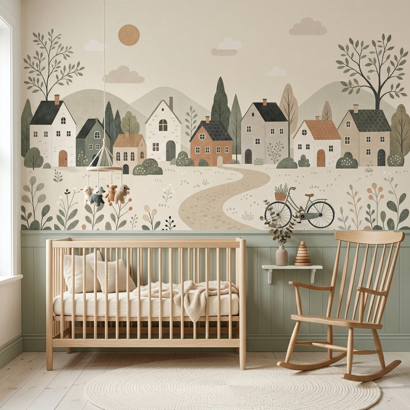 Fresque murale représentant un village de campagne et des collines ondulantes, paysage minimaliste scandinave, 200"x120"
