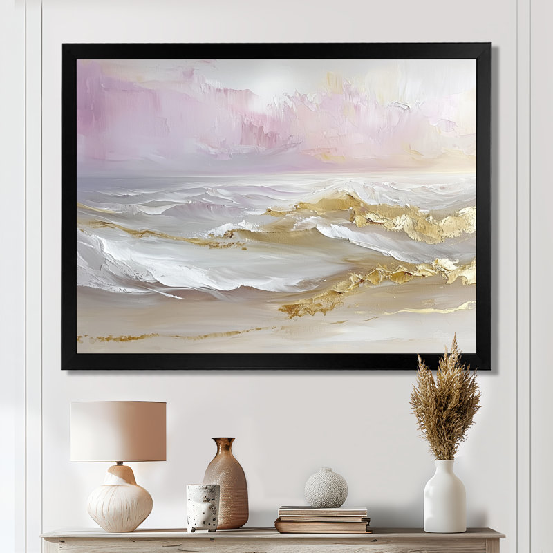 Minimalisme, plage dorée pure IV - plage côtière, art mural large, H 12 po x l 20 po, Avec cadre, Noir