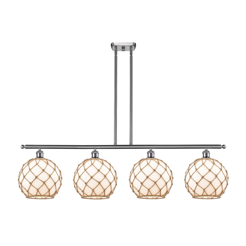 Luminaire suspendu linéaire à 4 lumières pour îlot de cuisine Hilderbrand, Blanc avec corde brune, Ampoule DEL 6 watts Vinage