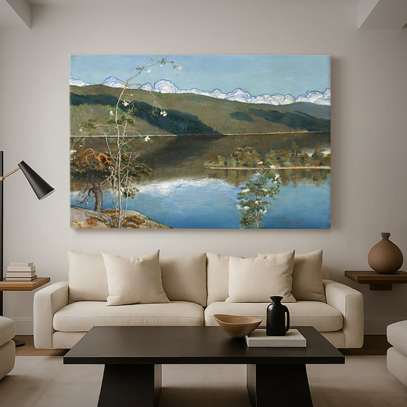 Paysage de lac avec fleurs blanches - Inconnu (monogramme E / A) - Toile tendue avec châssis - 1899, 40 po x 60 po