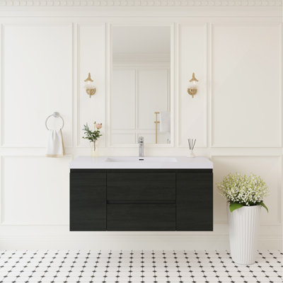 Meuble-lavabo mural 48 po avec lavabo, meuble de rangement mural avec lavabo à surface solide et tiroirs à fermeture en douceur entièrement assemblés, bois espresso