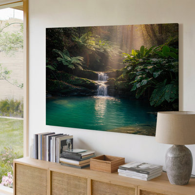 Tropical Waterfall Green Jungle Stream Nature Landscape Canvas Wall Art Print For Living Room, Bedroom, Office, Hallway, Entryway, Gallery Wall And Modern Home Decor