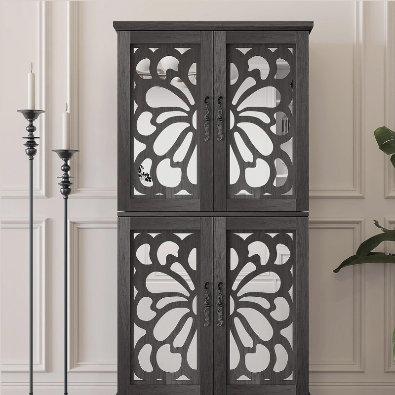 Armoire de rangement à 67 portes H 67,4 "à 4 portes en miroir, buffet avec tablettes réglables et armoire de cuisine, Noir