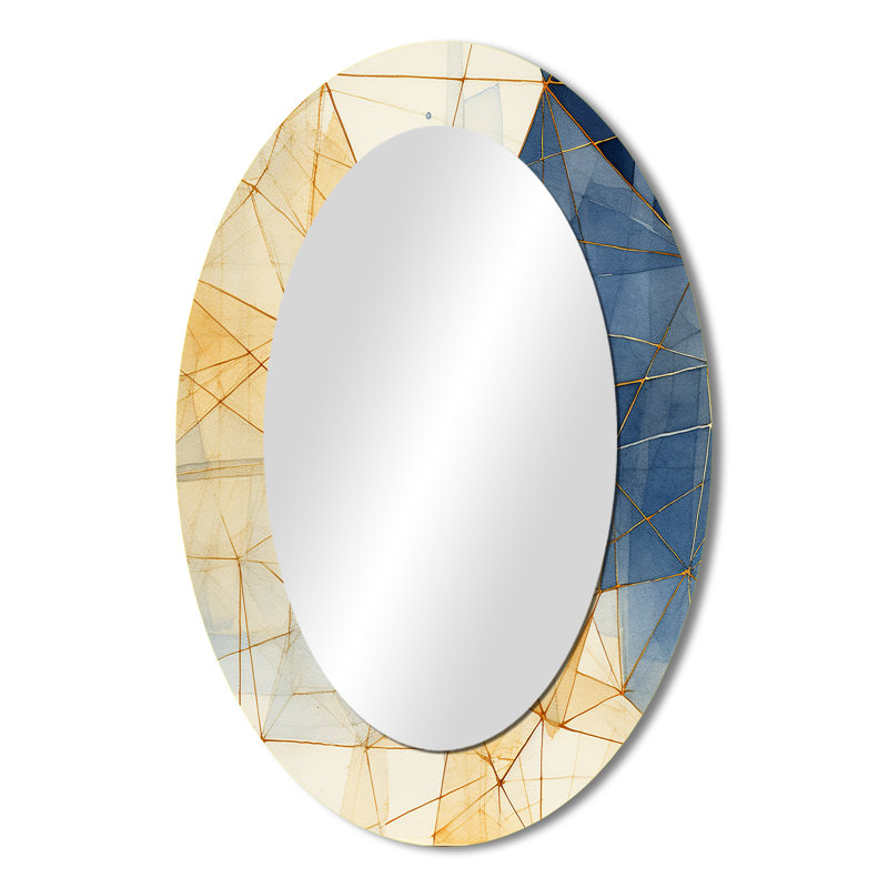 Minimaliste bleu et or II - grand miroir mural ovale sur métal, 36 po x 24 po