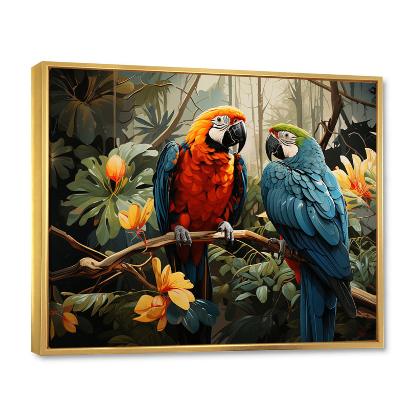 «Tropical Parrot Plumage I», art mural grand perroquet, H 12 po x l 20 po x P 1 po, Cadre flottant doré