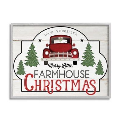 «Merry Little Farmhouse Christmas», camion rouge, forêt, par Jennifer Pugh - Art textuel