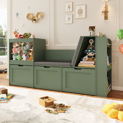 66.9''W Kid Bookshelf With Reading Nook, Toys Storage Organizer With Stuffed Animal Storage, Bench And Removable Cushions, Wooden Toddler Bookcases With 3 Movable Drawers For Playroom, Bedroom(Green)