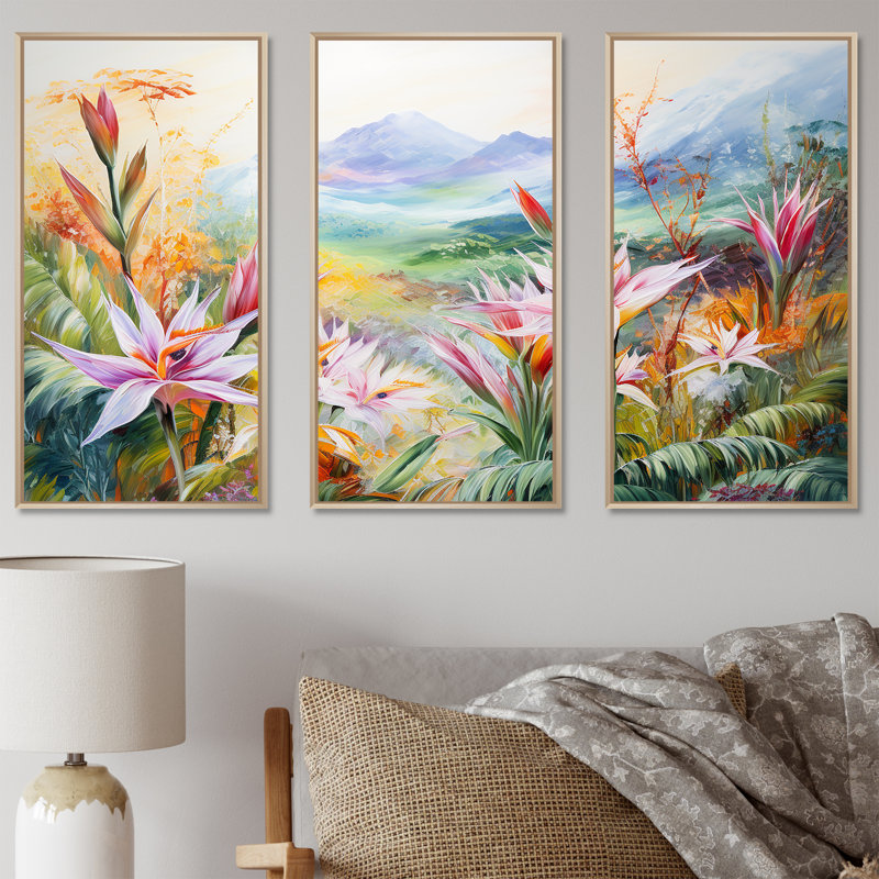 Birds Of Paradise Flowers Mountain I - Fleurs, art mural sur toile, Cadre naturel flottant, H 40 po x l 60 po x P 1 po