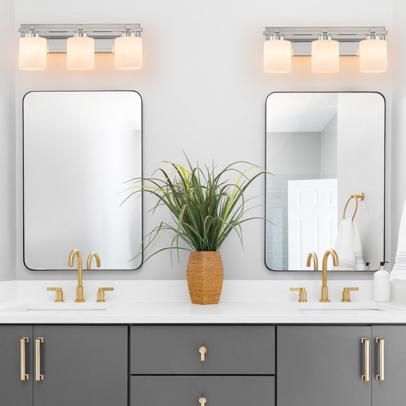 3 Light Modern Bathroom Light Fixtures Over Mirror, Chrome Vanity Lights Milky White Glass Shades, E26 Socket (Bulbs Not Included)