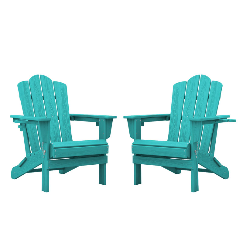 Chaise Adirondack pliante Ayanda en PEHD avec porte-gobelet double (ensemble de 2), Bleu paon