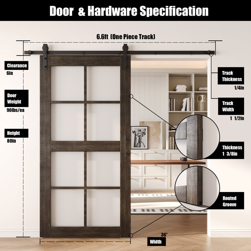 Porte de grange en verre non assemblé et fini avec ensemble de quincaillerie en ébène de 36 po x 80 po Homacer de 36 po x 80 po Homacer, utilisation intérieure seulement