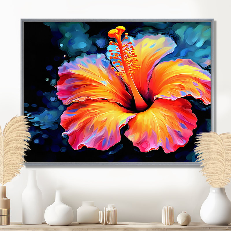 Hibiscus vibrant dans l'allure tropicale - décoration murale hibiscus, H 34 po x l 44 po, Cadre photo noir