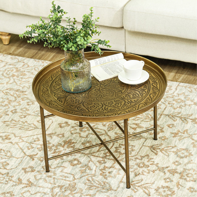 Table basse ronde de 24 po avec plateau martelé, table centrale en métal rétro pour le salon, la chambre à coucher, la table d'appoint, or