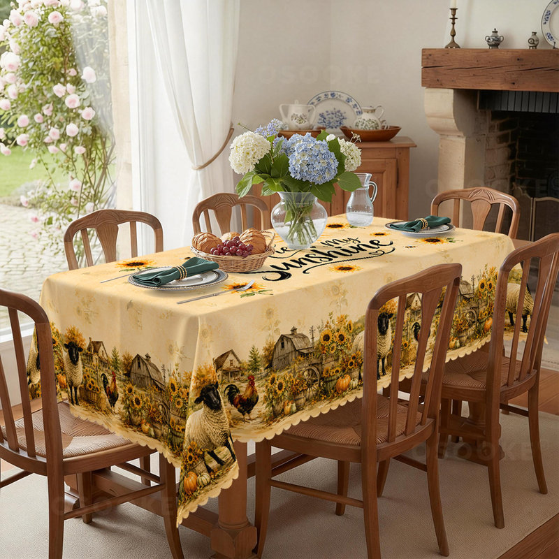 Nappe « Tournesol ensoleillé », décor rustique pour cuisine de ferme, motif floral vintage inspiré des étables à moutons et poules.