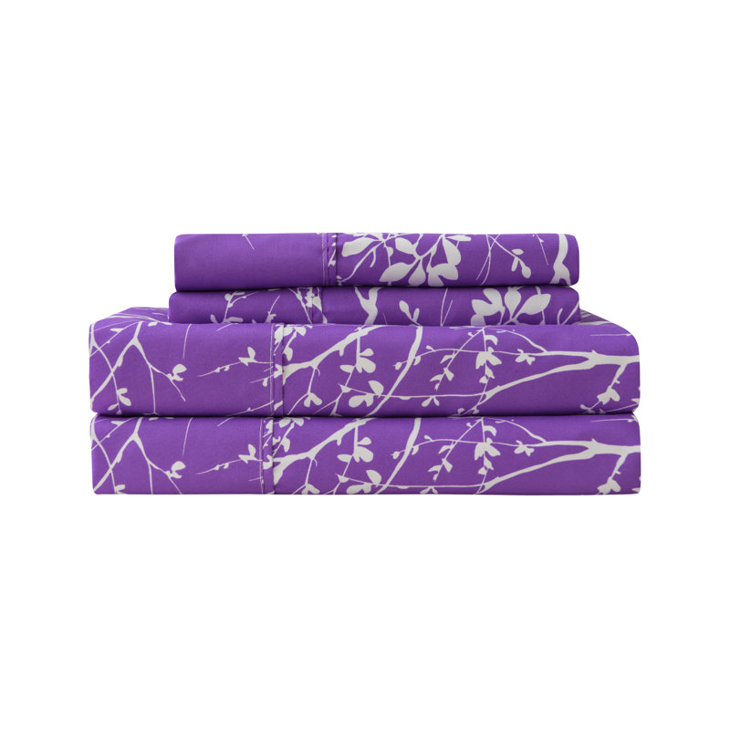 Foliage Microfiber Floral Sheet Set, Twin Sheet Set with Fitted Sheet and 1 Pillowcase, Purple/Ivory