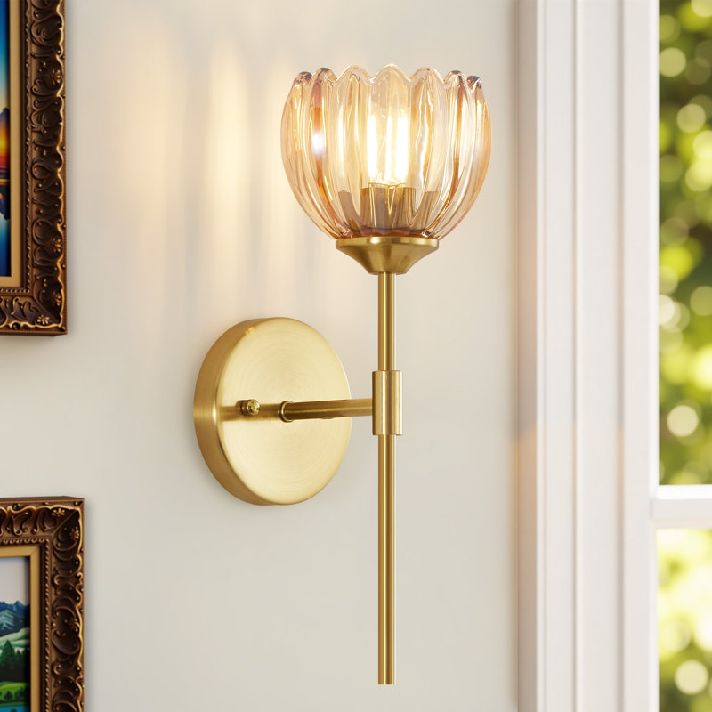 Acree Iron Armed Wall Sconce With Tulip Glass Lampshade , Orange/Clear