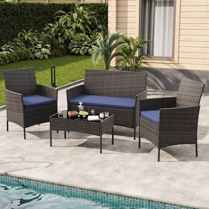 PeakPursuit Patio Furniture Sets 4 Pieces All-Weather Outdoor Furniture PE Rattan Wicker Chairs with Soft Cushion and Glass Coffee Table for Yard Backyard Lawn Porch Poolside Balcony,Blue