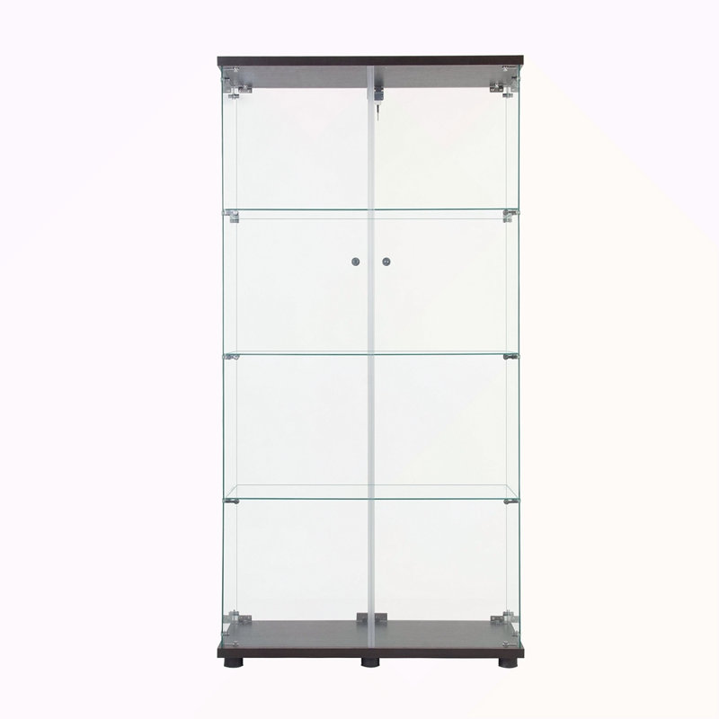 Two Door Glass Cabinet Glass Display Cabinet With 4 Shelves, Black