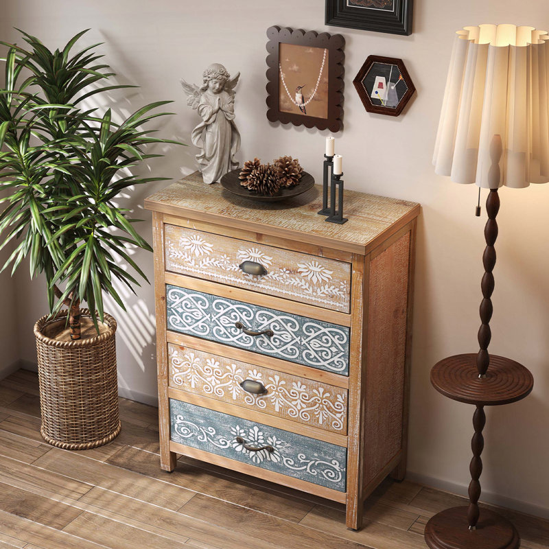 Commode vintage à 4 tiroirs en bois vieilli