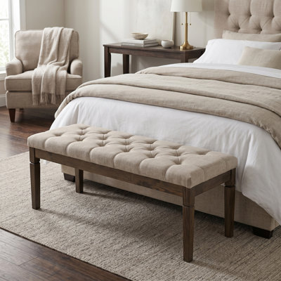 Waverly 48"W Linen Look Traditional Tufted Ottoman Bench with Carved Legs