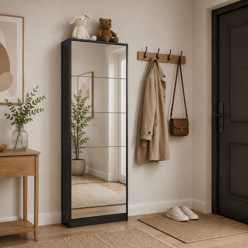 Modern Shoe Storage Cabinet with Mirror for Narrow Corridor and Entryway, Black