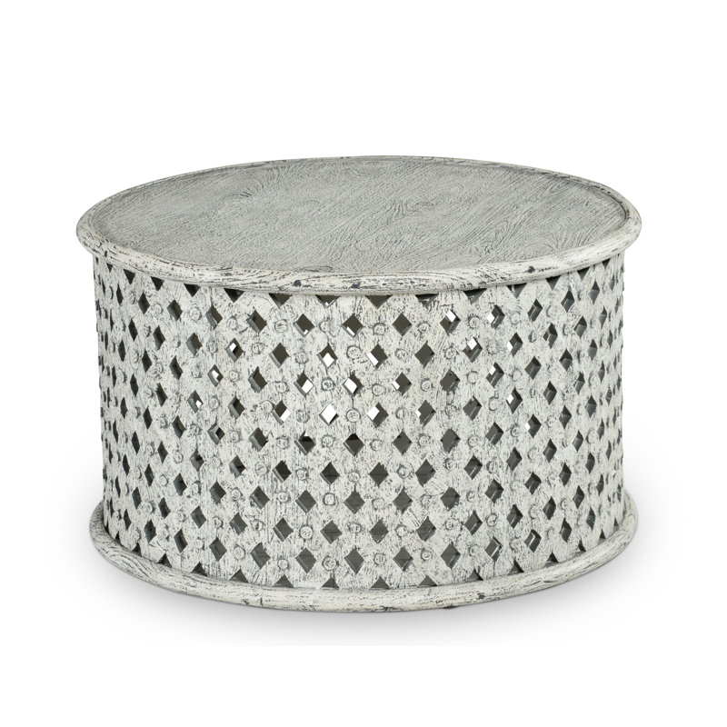 Samir - Table de cocktail ronde en bois sculpté tribal - Blanc