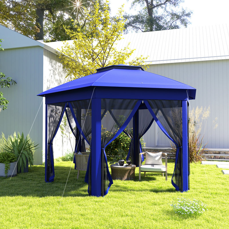 13' X 13' Pop Up Gazebo, Hexagonal Canopy Shelter With 6 Zippered Mesh Netting, Event Tent With Strong Steel Frame For Patio Backyard Garden Wedding Party, Dark Blue And Black