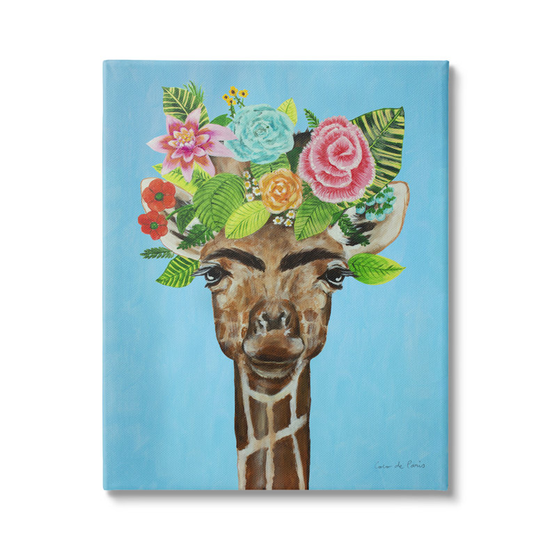Joli portrait de maquillage à fleurs et girafe par Coco de Paris - Peinture, Toile tendue, H 20 po x l 16 po x P 1,5 po