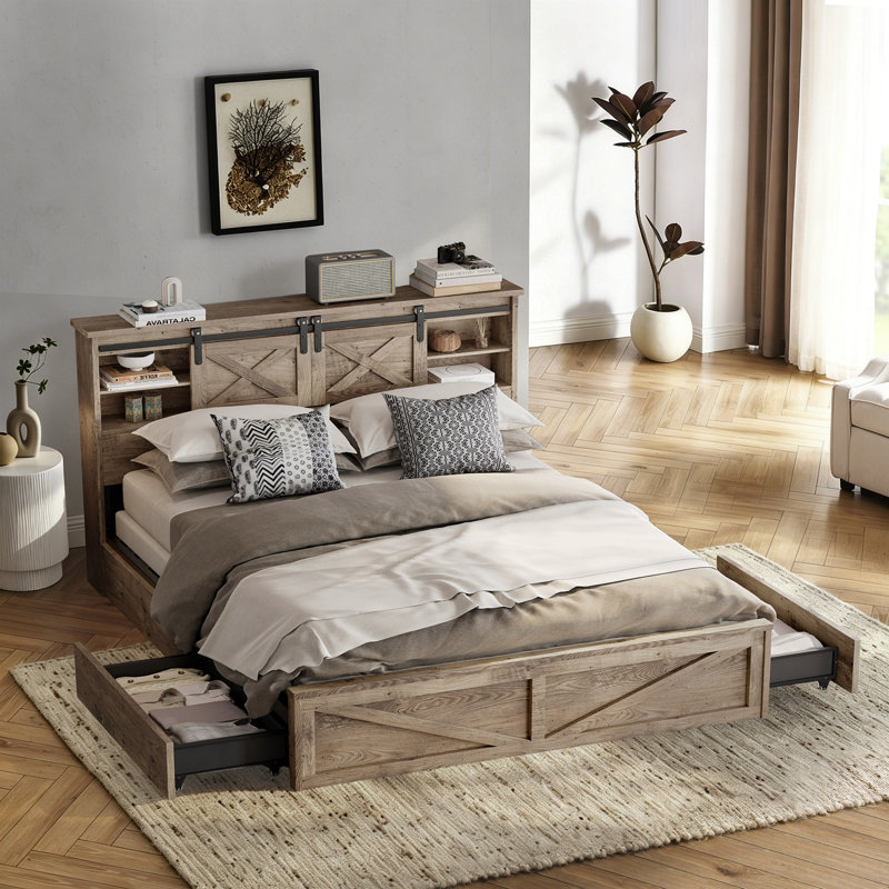 Base de lit plateforme très grande taille avec tête de lit avec rangement, port USB intégré et 2 tiroirs de rangement sous le lit