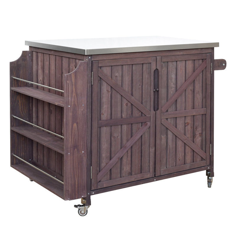 42.1" Outdoor Kitchen Island with Side Shelf, Outdoor Grill Cart with Storage Cabinet, Outdoor Kitchen Cabinet with Stainless Steel Top, Adjustable Shelf and 4 Wheels for Pizza Prep