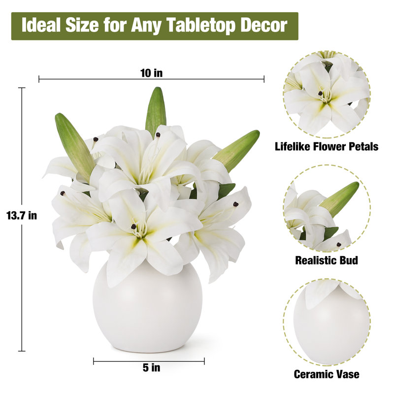 Artificial Lily Flowers with Ceramic Vase for Table, Shelf, Bathroom, Wedding, Blanc