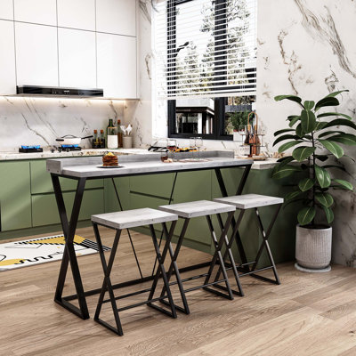 Table de salle à manger de cuisine moderne, table de pub avec pieds en X, longue table de salle à manger avec 3 tabourets