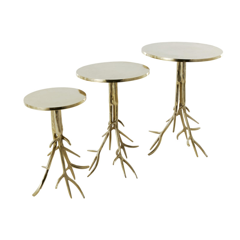 Rosalyn Aluminum Metal Side End Silver Accent Table with Textured Tree Branch Legs Set, Gold