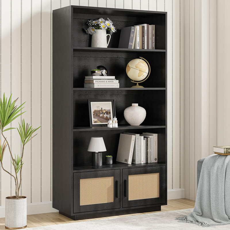 Boho Bookcase With Rattan Doors, 5 Tier Bookshelf, Black