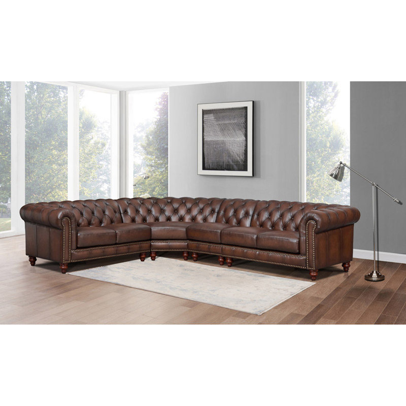 Caramel Brown Leather Tufted Chesterfield Sectional Sofa with Rolled Arms