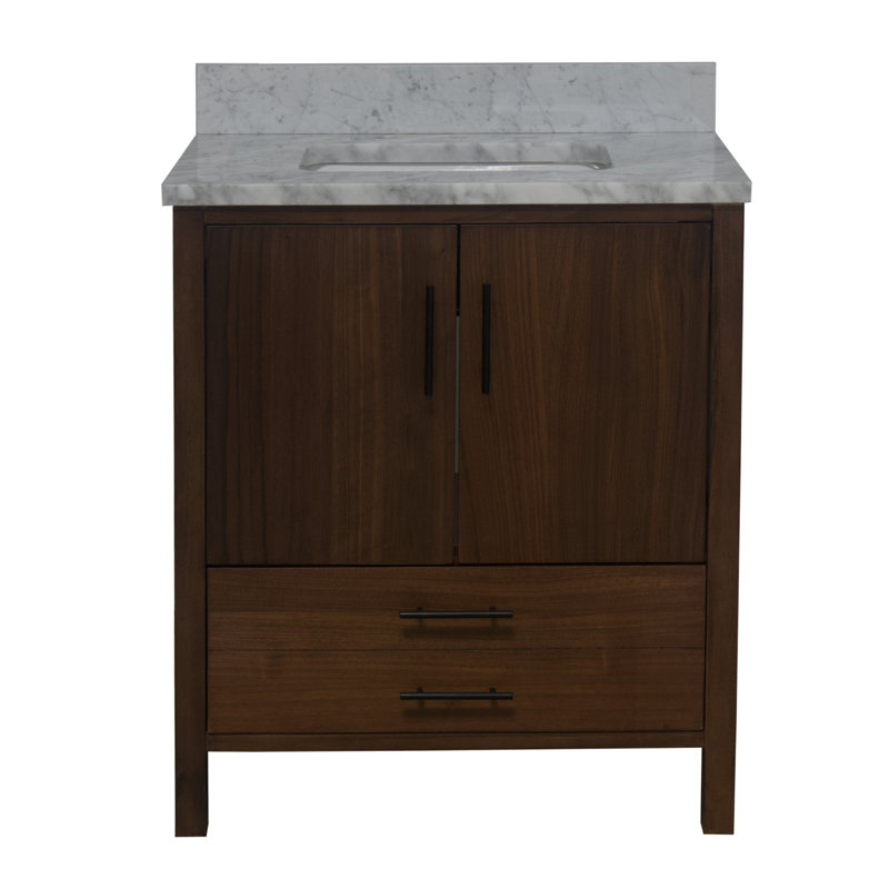 Kiara 30'' Single Bathroom Vanity with Top, Carrara Marble, Walnut Veneer